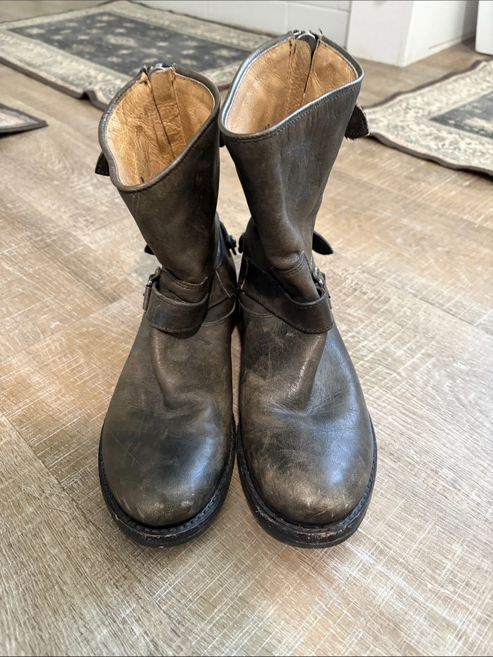 Frye Metallic Gray Leather Ankle Buckle Boots